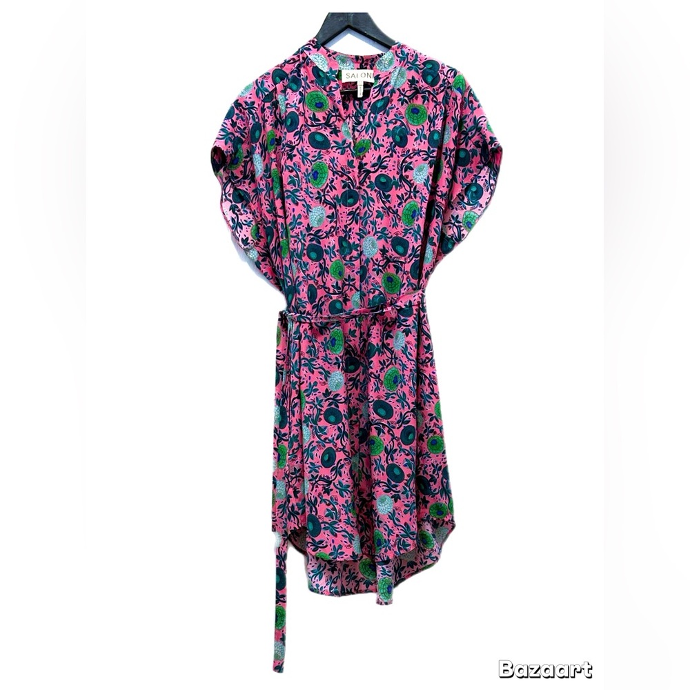SALONI Vibrant Pink and Green Floral High Low Dress